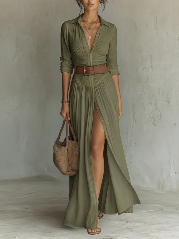 Women's Casual V-Neck Long Dress with High Side Split - Versatile Loose Fit Maxi Gown for Daily Wear - Image 7