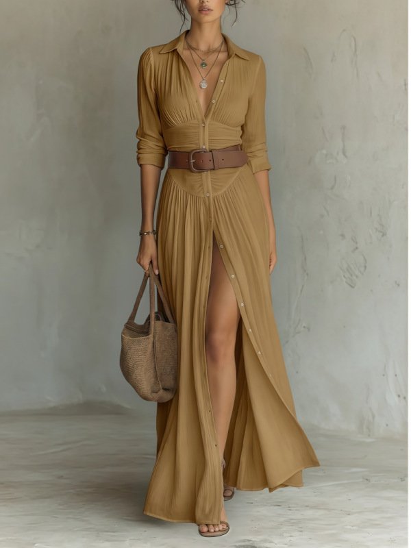 Women's Casual V-Neck Long Dress with High Side Split - Versatile Loose Fit Maxi Gown for Daily Wear - Image 5
