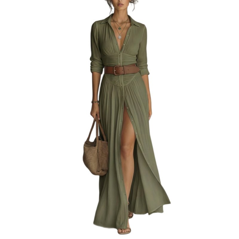 Women's Casual V-Neck Long Dress with High Side Split - Versatile Loose Fit Maxi Gown for Daily Wear - Image 6