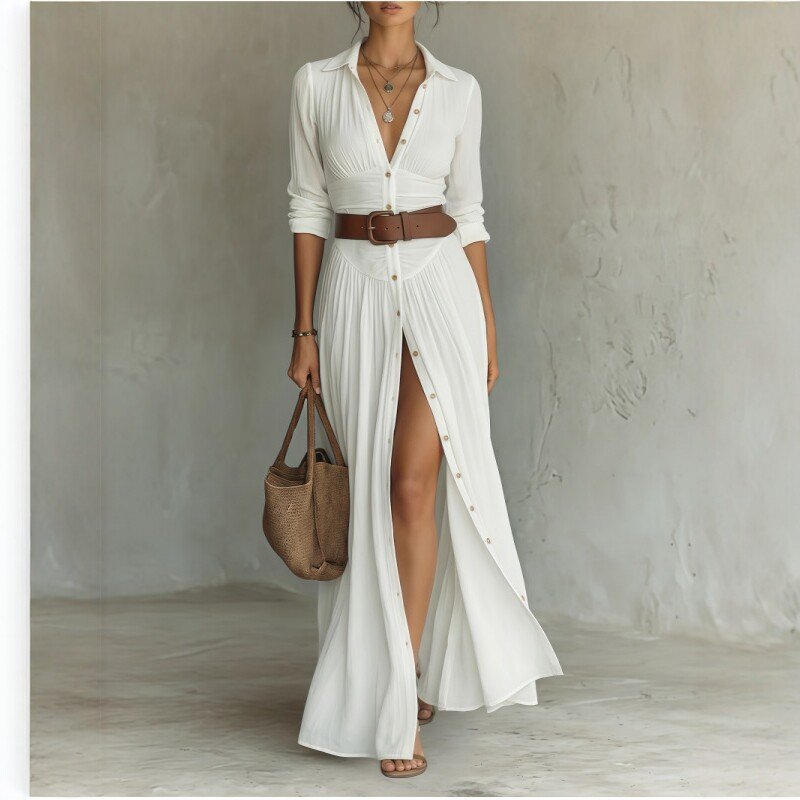 Women's Casual V-Neck Long Dress with High Side Split - Versatile Loose Fit Maxi Gown for Daily Wear - Image 4