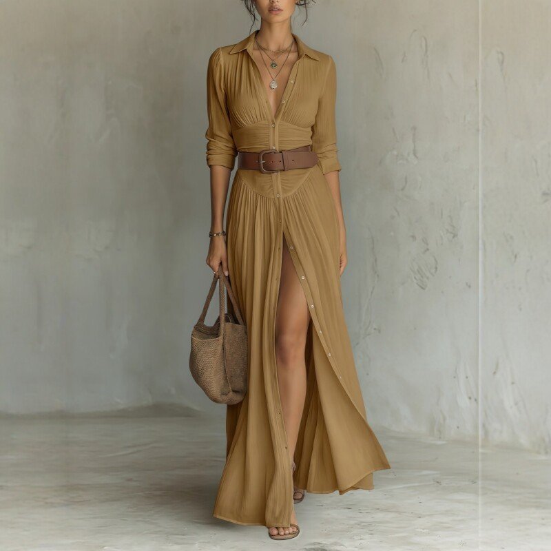 Women's Casual V-Neck Long Dress with High Side Split - Versatile Loose Fit Maxi Gown for Daily Wear - Image 10