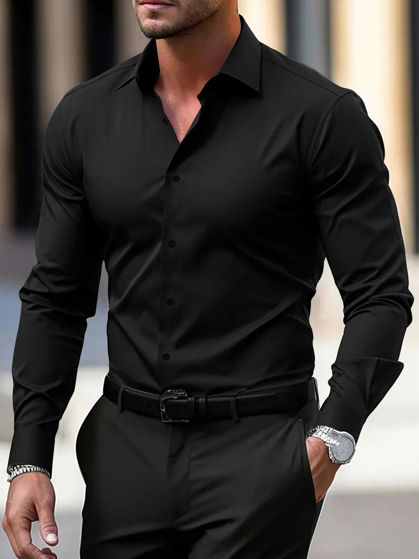 Men's Shirt Business Button Down Shirt Summer Solid Color Long Sleeve Lapel Vacation Shirt Fashion Temperament Casual Tops - Image 4
