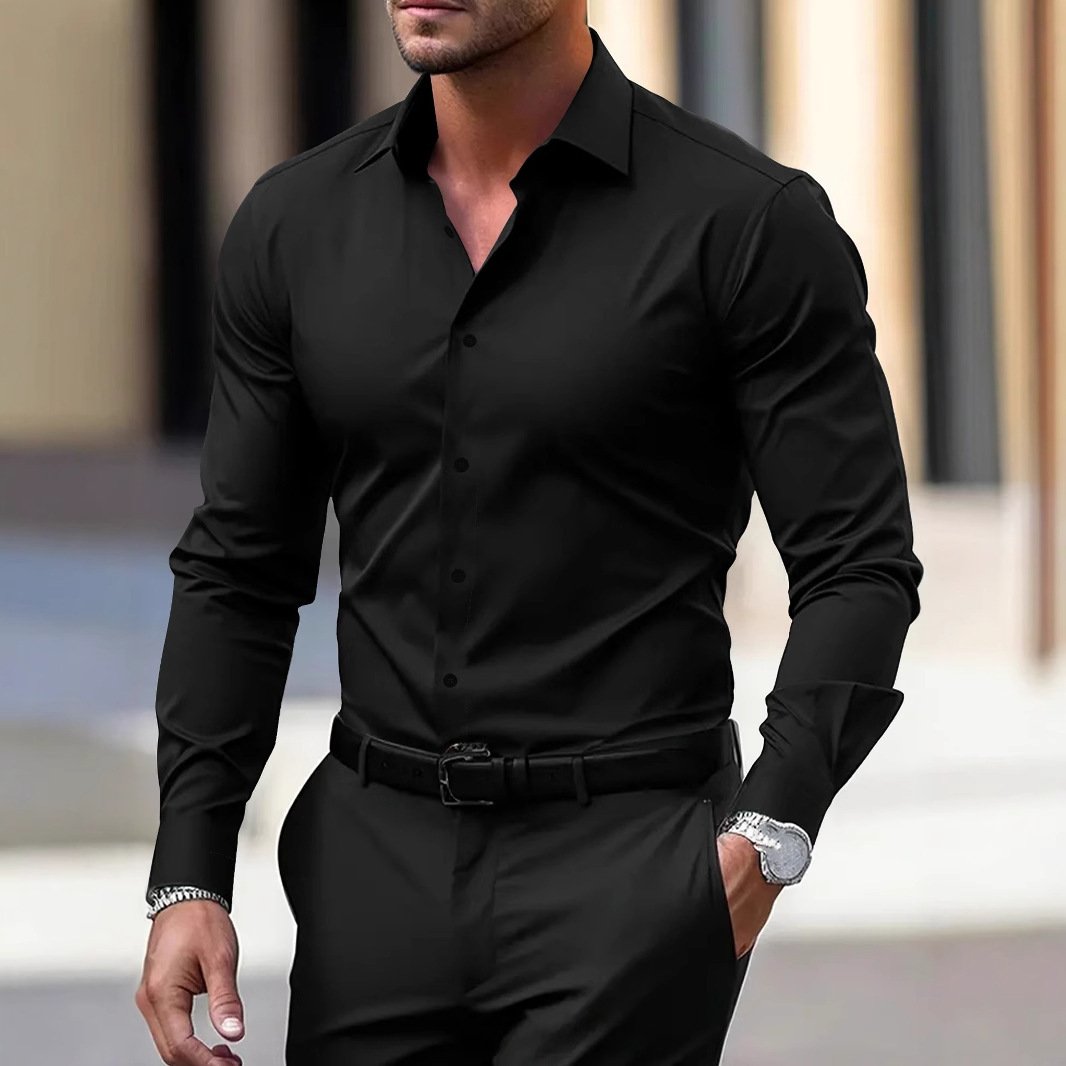 Men's Shirt Business Button Down Shirt Summer Solid Color Long Sleeve Lapel Vacation Shirt Fashion Temperament Casual Tops - Image 2