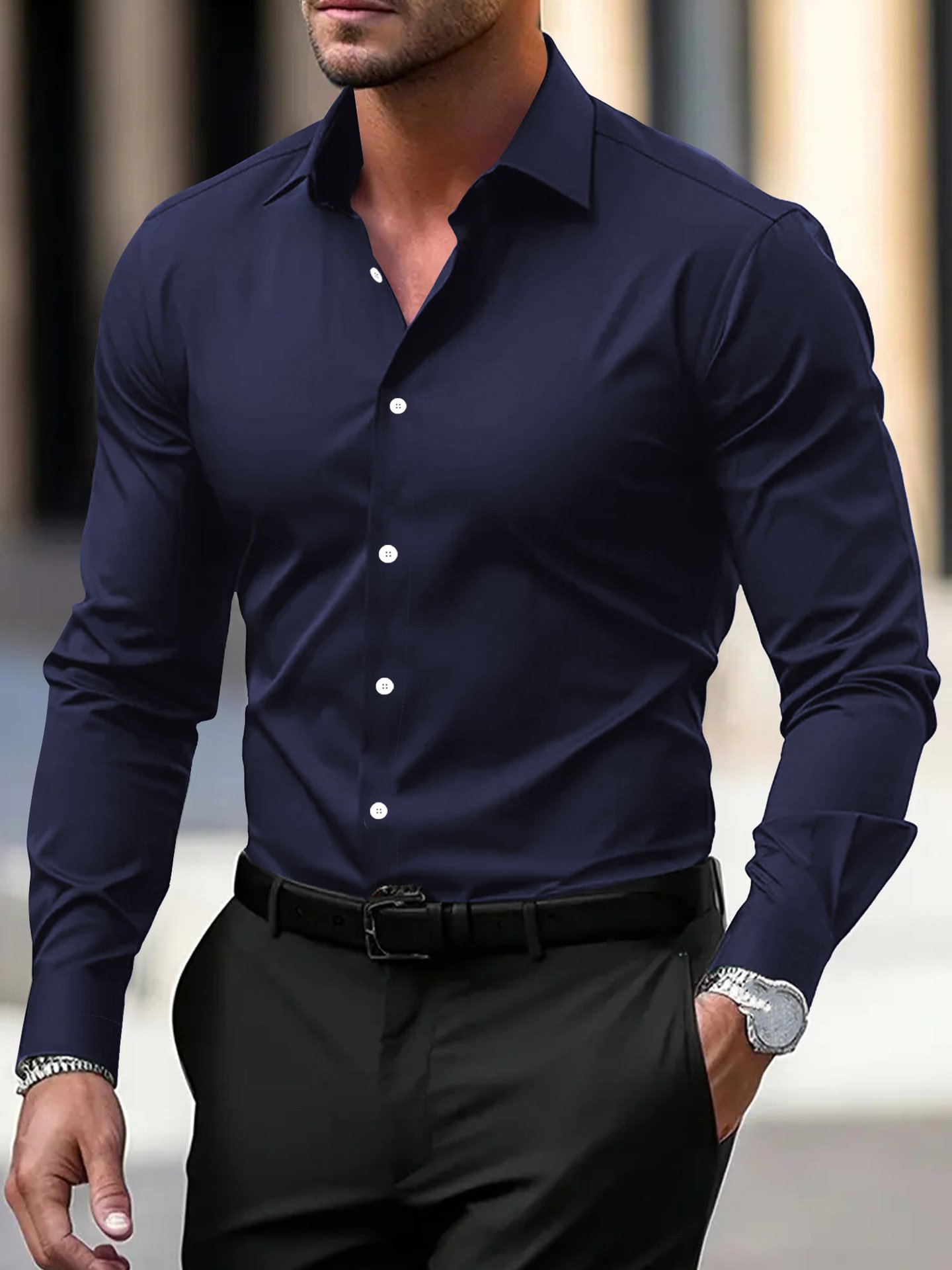 Men's Shirt Business Button Down Shirt Summer Solid Color Long Sleeve Lapel Vacation Shirt Fashion Temperament Casual Tops - Image 5