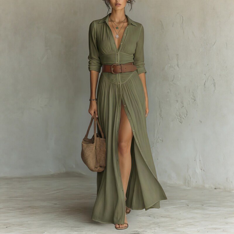 Women's Casual V-Neck Long Dress with High Side Split - Versatile Loose Fit Maxi Gown for Daily Wear - Image 8