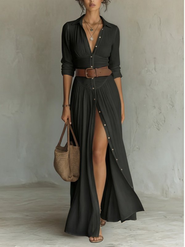 Women's Casual V-Neck Long Dress with High Side Split - Versatile Loose Fit Maxi Gown for Daily Wear - Image 9