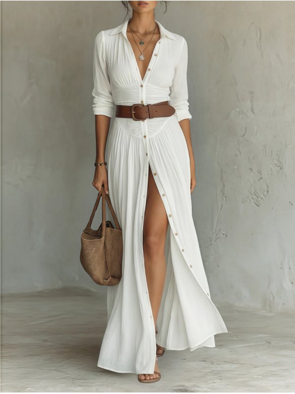Women's Casual V-Neck Long Dress with High Side Split - Versatile Loose Fit Maxi Gown for Daily Wear - Image 2
