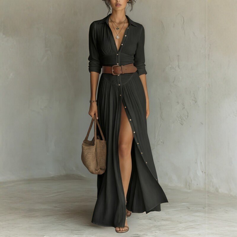 Women's Casual V-Neck Long Dress with High Side Split - Versatile Loose Fit Maxi Gown for Daily Wear - Image 3