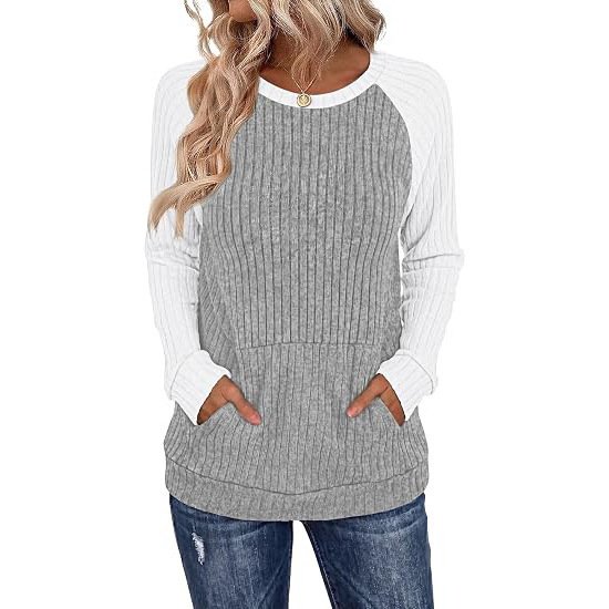 Round-neck Color-block Pocket Brushed Long-sleeve Loose-fitting Top - Image 3