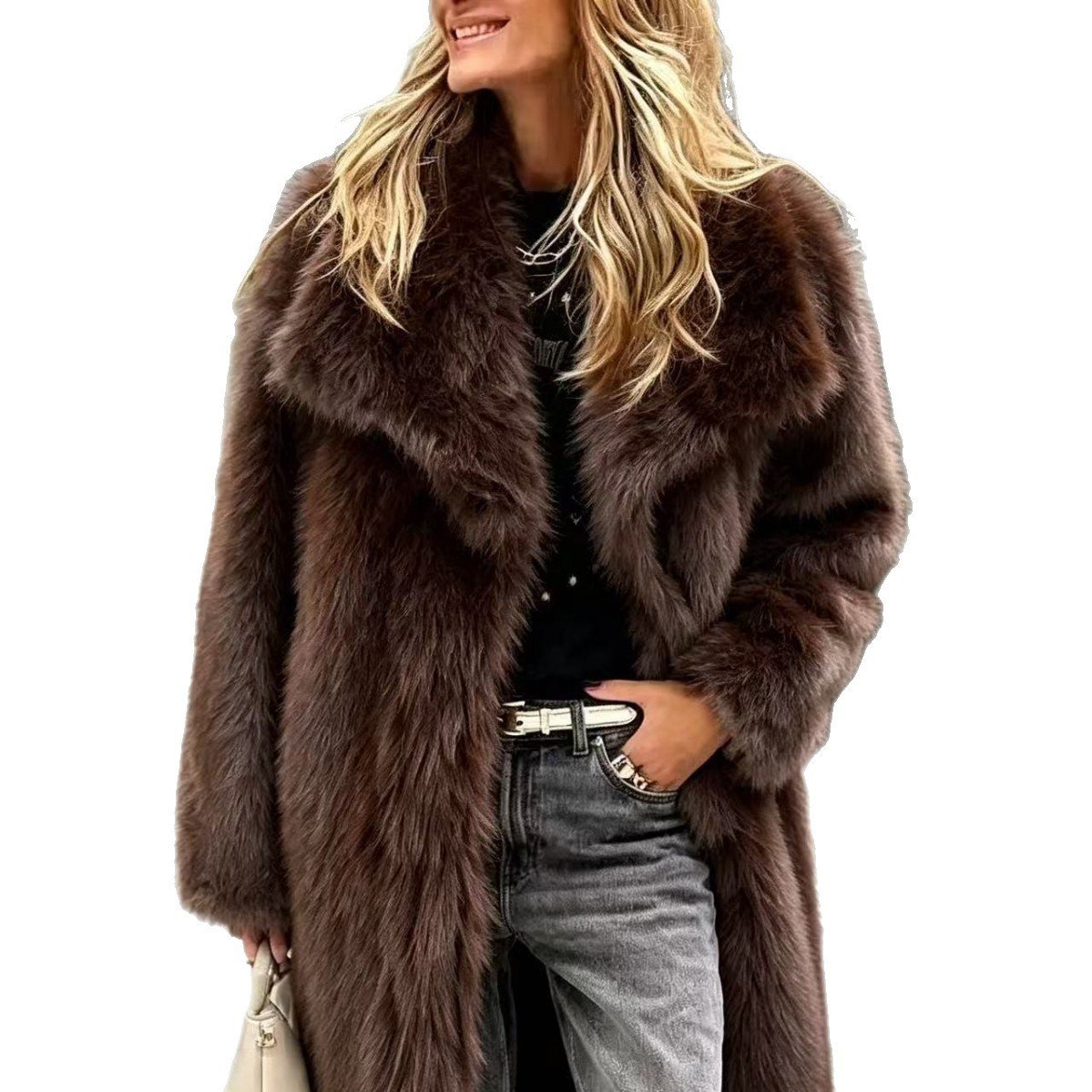 Fur Large Lapel Long Faux Fur Coat Long Stylish Faux Fox Fur Coat Mid-length Style - Image 4
