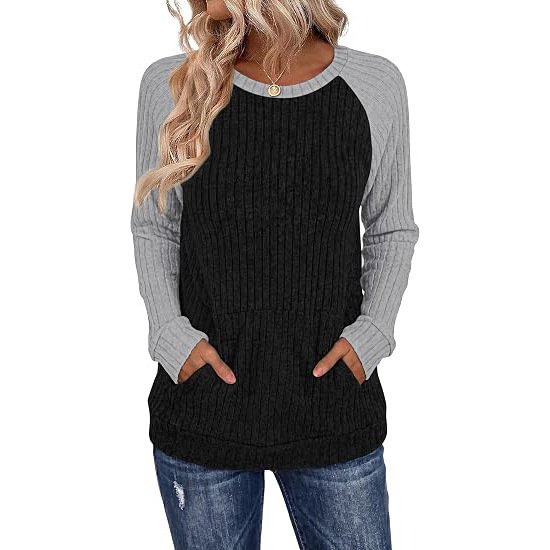 Round-neck Color-block Pocket Brushed Long-sleeve Loose-fitting Top - Image 5