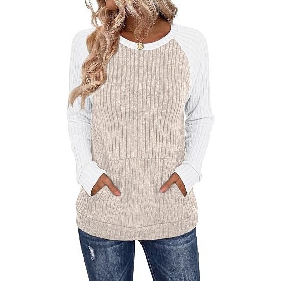 Round-neck Color-block Pocket Brushed Long-sleeve Loose-fitting Top - Image 9