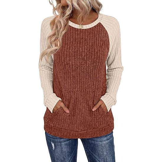 Round-neck Color-block Pocket Brushed Long-sleeve Loose-fitting Top - Image 7