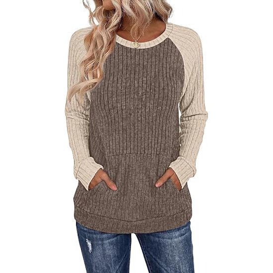 Round-neck Color-block Pocket Brushed Long-sleeve Loose-fitting Top - Image 8